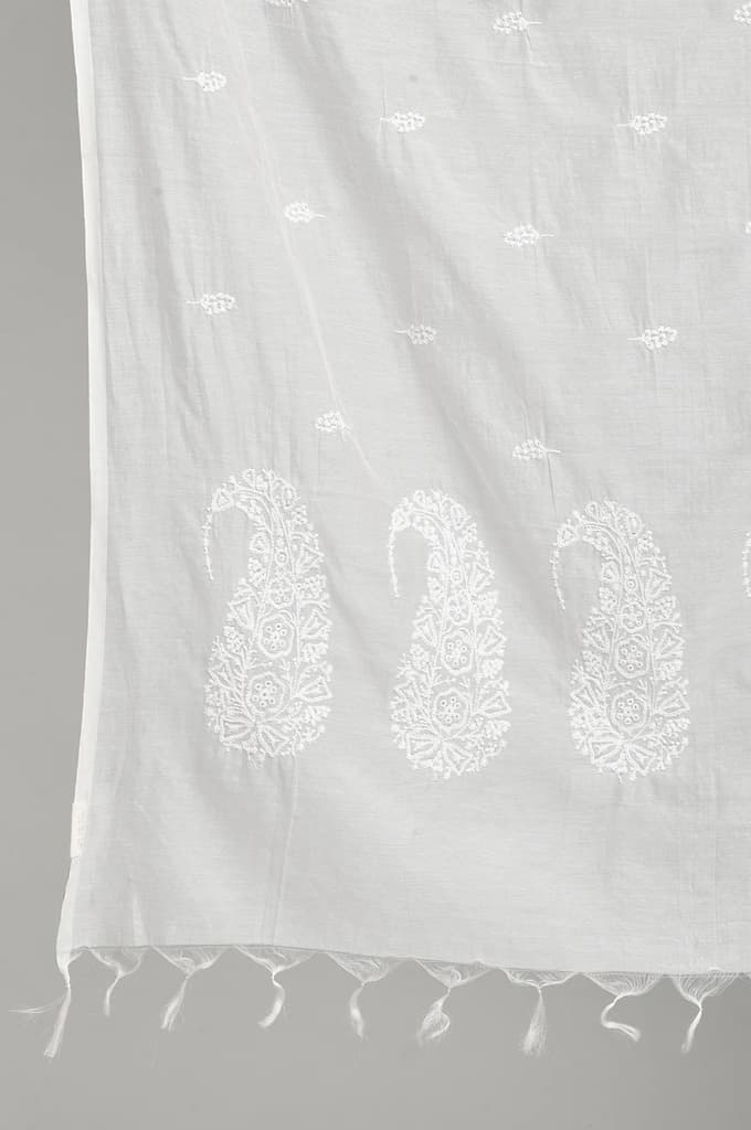 White Paisley Printed Thread Embroidered Pure Silk Dupatta — photo 4