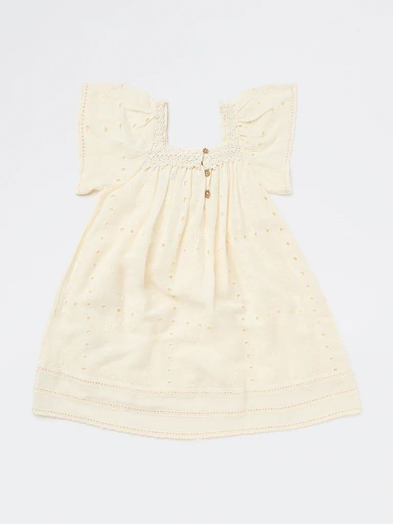 HOP Kids Girls Light Yellow Schiffli Design A-Line Dress — photo 3