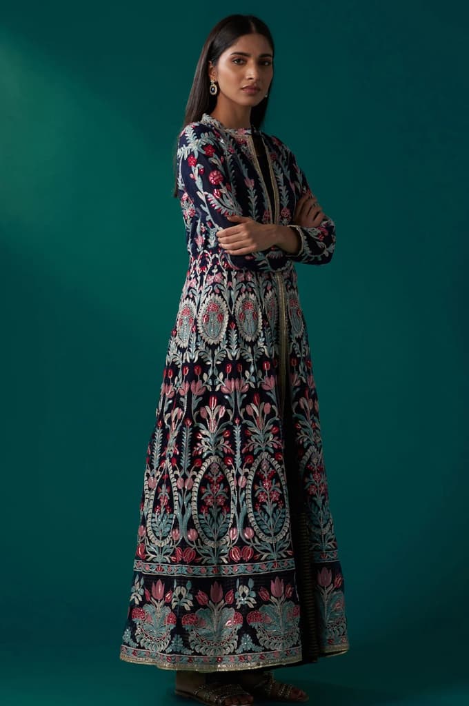 Navy Blue Aari Embroidery Panelled Jacket and Sleeveless Anarkali Dress Set — photo 7