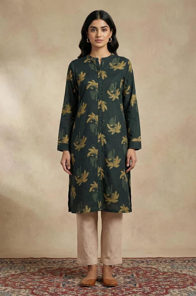 Green Botanical Printed Beadwork Pure Cotton Straight Kurta — photo 2