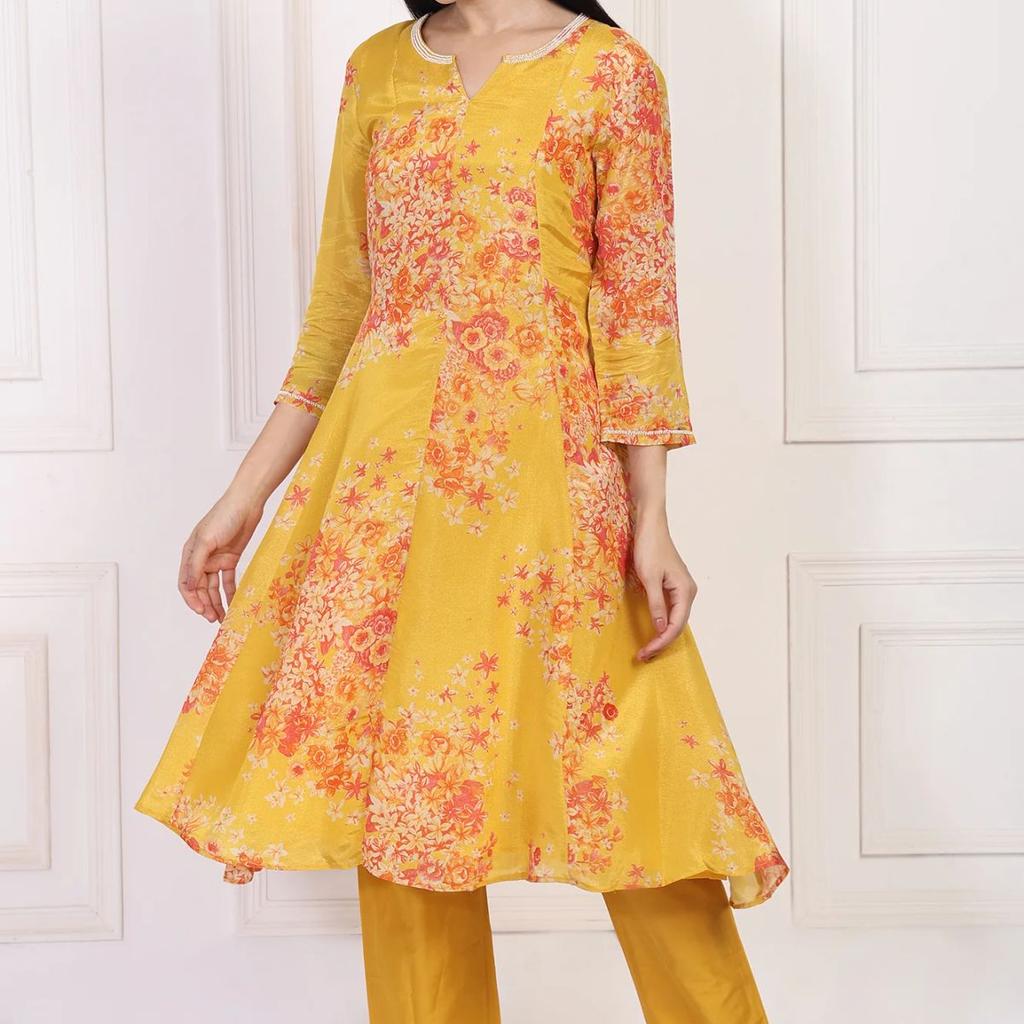Yellow Floral Printed Beaded A-Line Tissue Kurta with Straight Pant Set