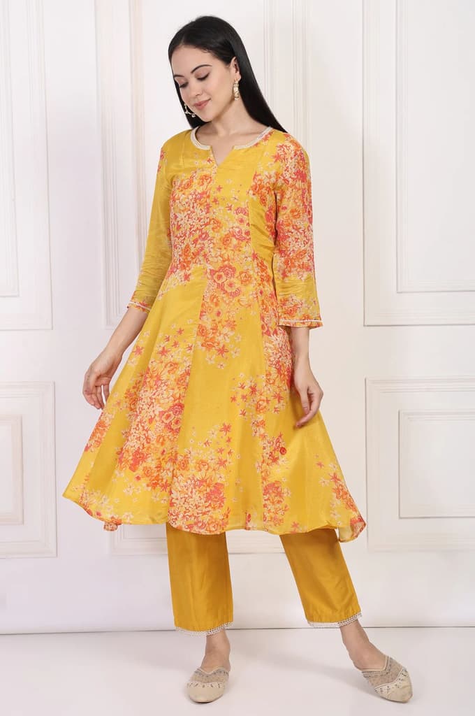 Yellow Floral Printed Beaded A-Line Tissue Kurta with Straight Pant Set — XS