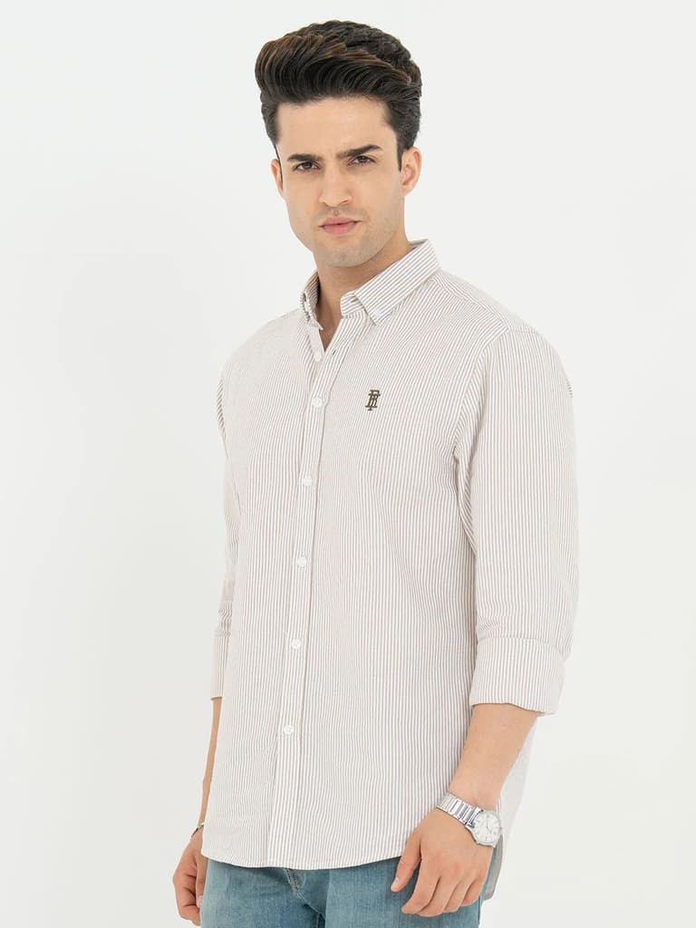 Shirts for Men in Tan | Striped Oxford Full Sleeve Casual Shirt — photo 2
