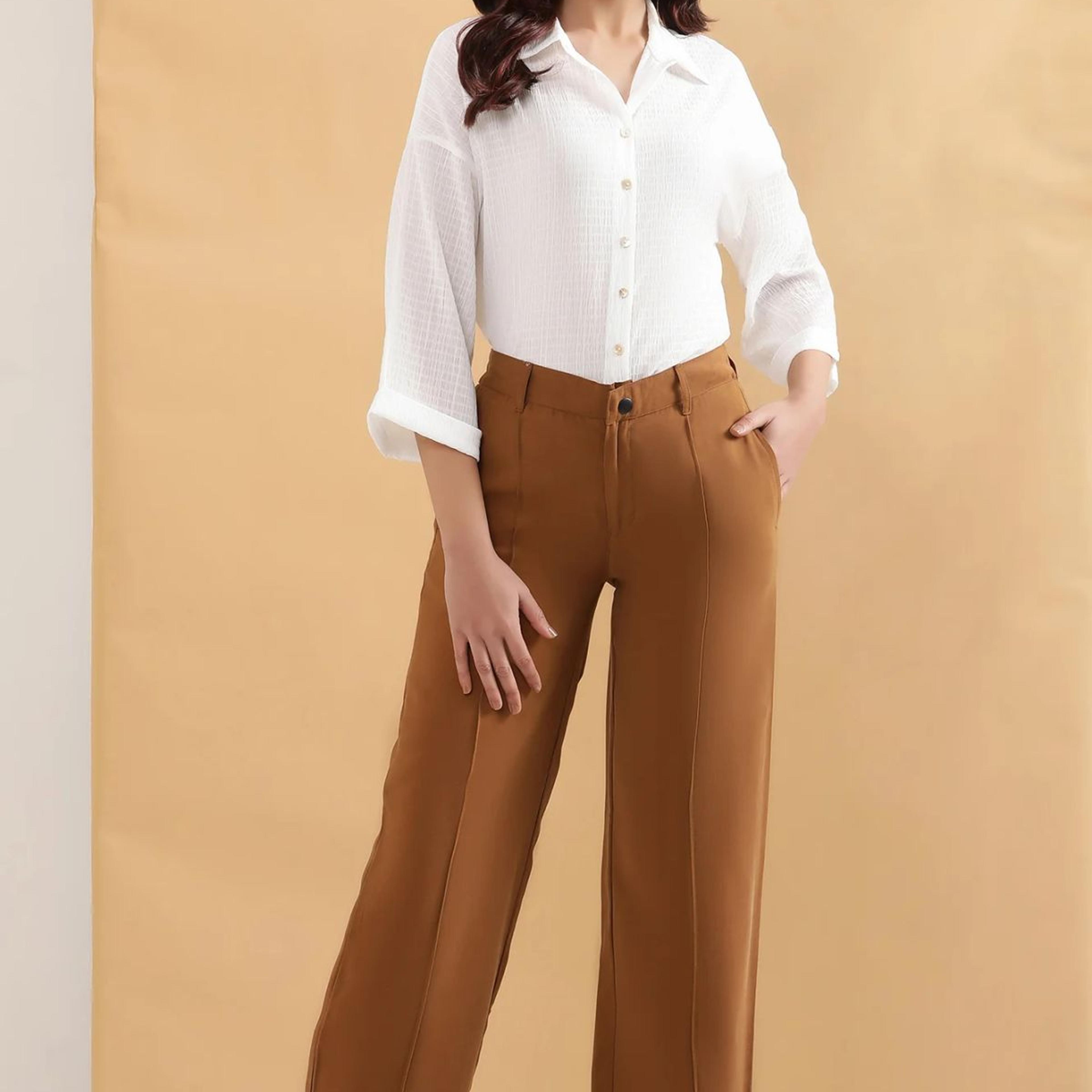 Brown Solid Straight Fit Rayon Pants With Pintuck Detail