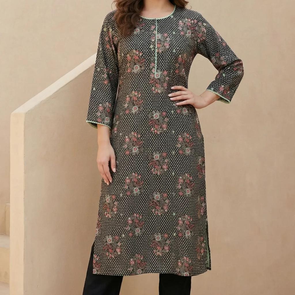 Black Floral Printed Rayon Straight Kurta