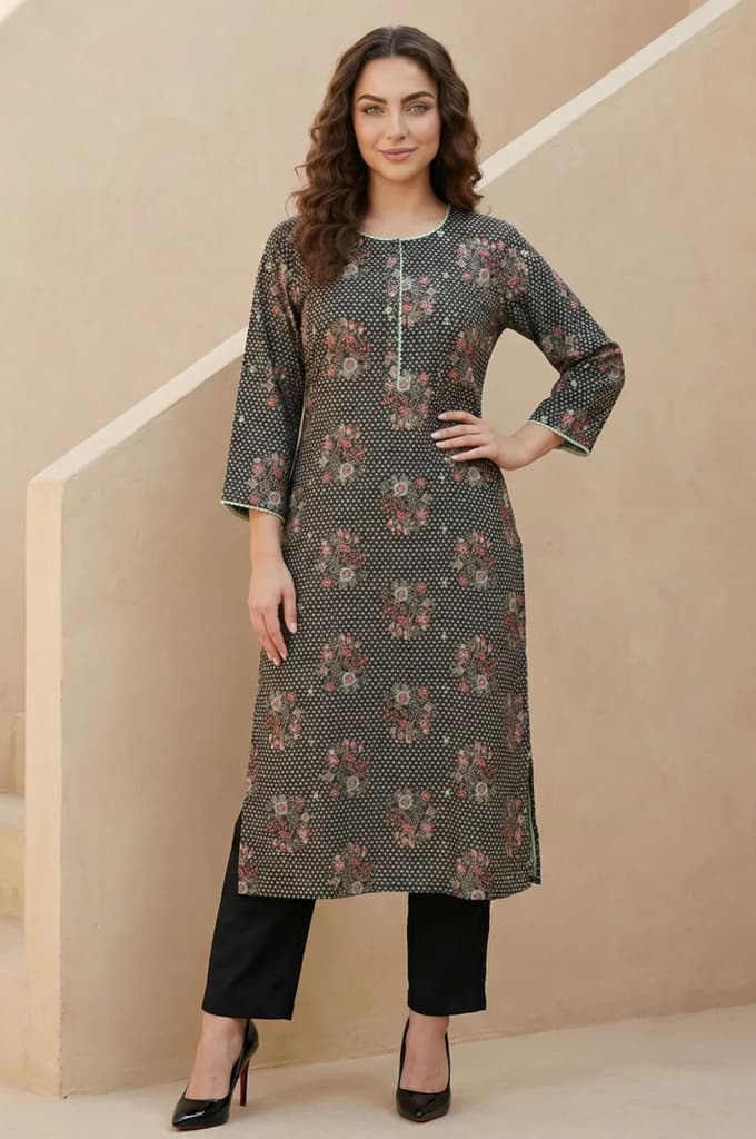 Black Floral Printed Rayon Straight Kurta — XS