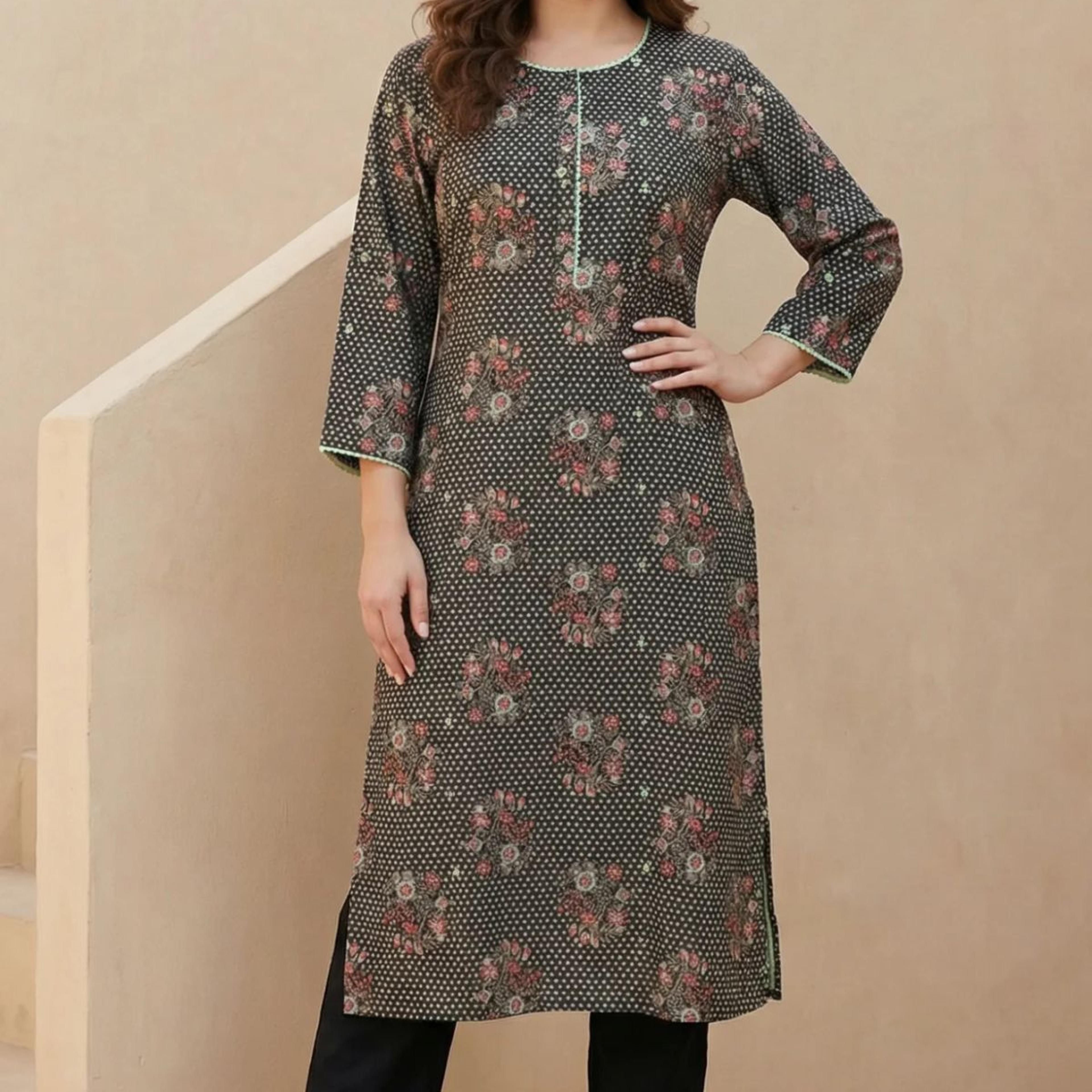 Black Floral Printed Rayon Straight Kurta