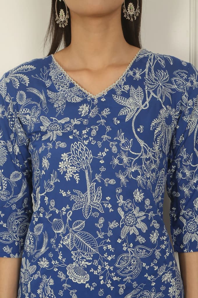 Blue Floral Printed Modal Straight Kurta and Pants Co-ord Set — photo 4