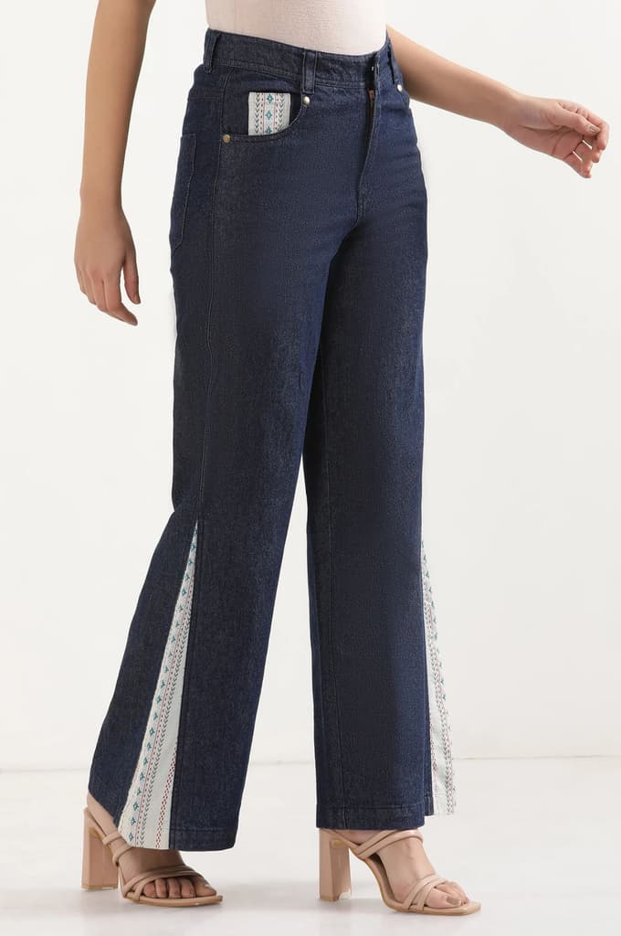 Blue Solid Flared Denim Palazzo With Printed Side Inserts — photo 5
