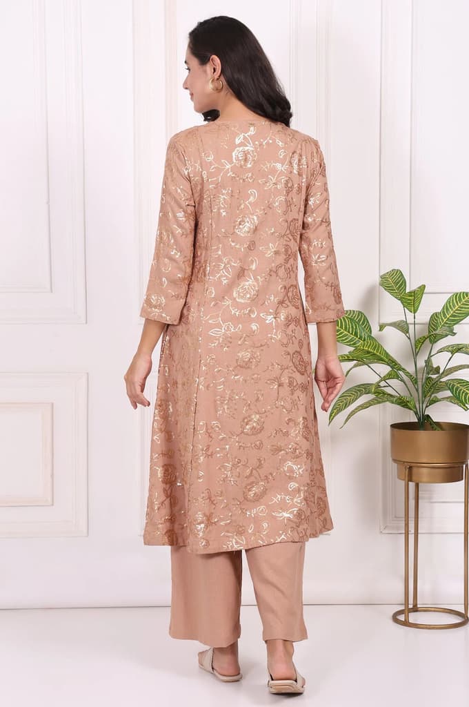Brown Floral Printed Sequins Straight Rayon Kurta with Flared Pants Set — photo 5