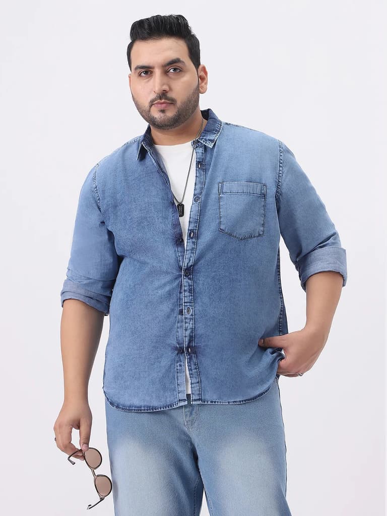 Plus Men's Light Blue Regular Fit Full Sleeve Washed Denim Shirt — XXL / Light Blue