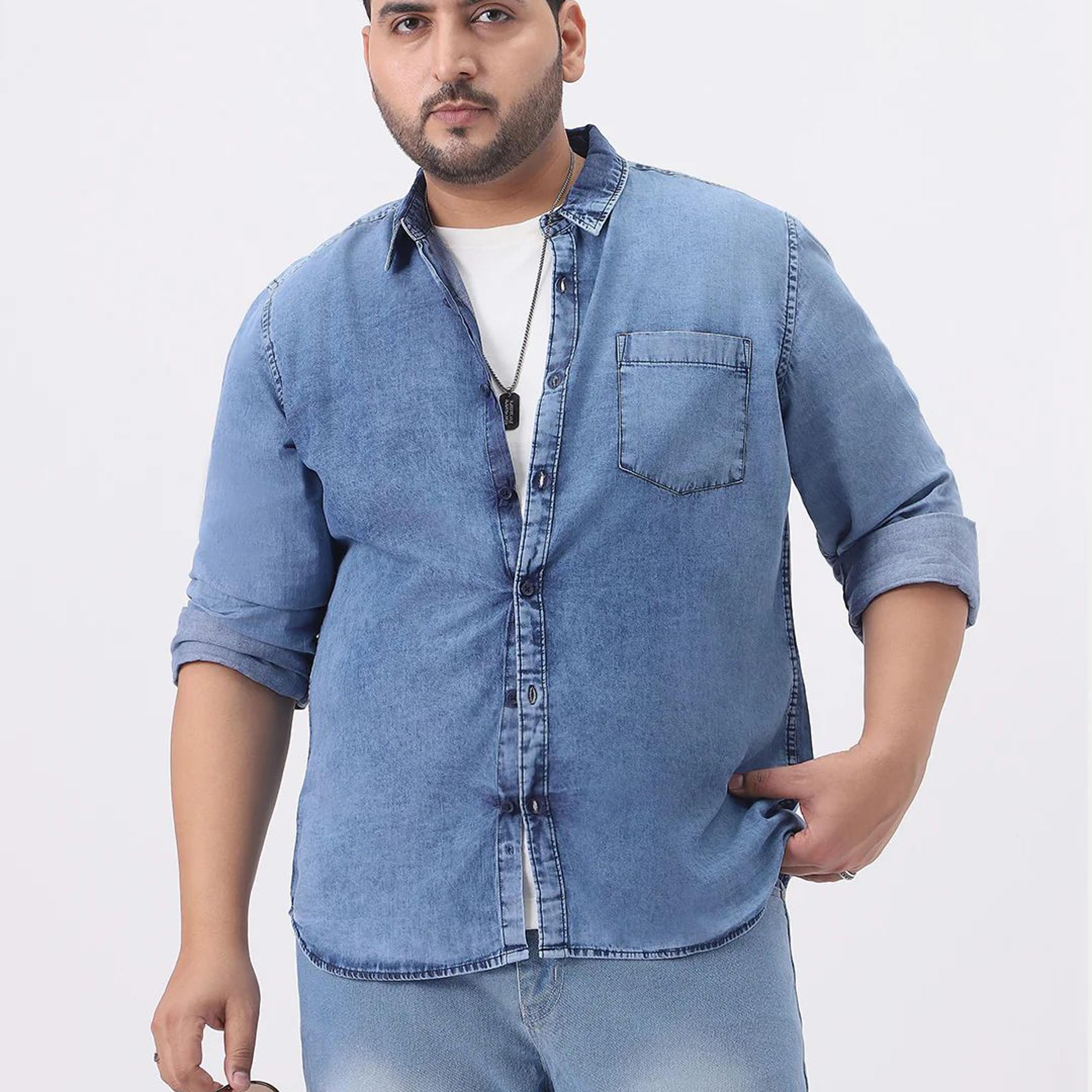 Plus Men's Light Blue Regular Fit Full Sleeve Washed Denim Shirt