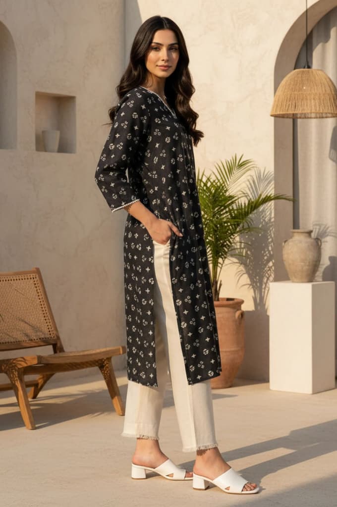 Charcoal Geometric Printed Lace Pure Cotton A-line Kurta — photo 5