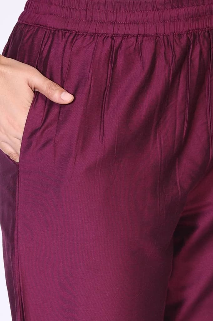Wine Embroidered Straight Silk Blend Kurta with Straight Pant and Dupatta Set — photo 9