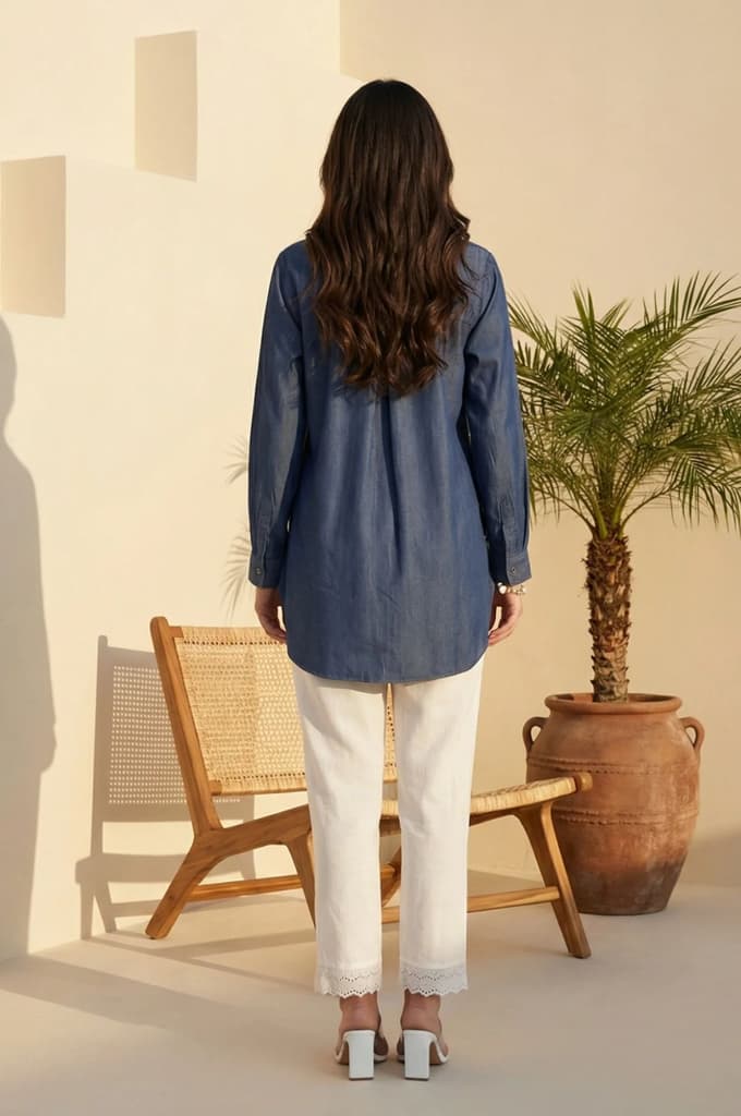 Blue Yarn Dyed Embroidered Tencel Straight Tunic — photo 5