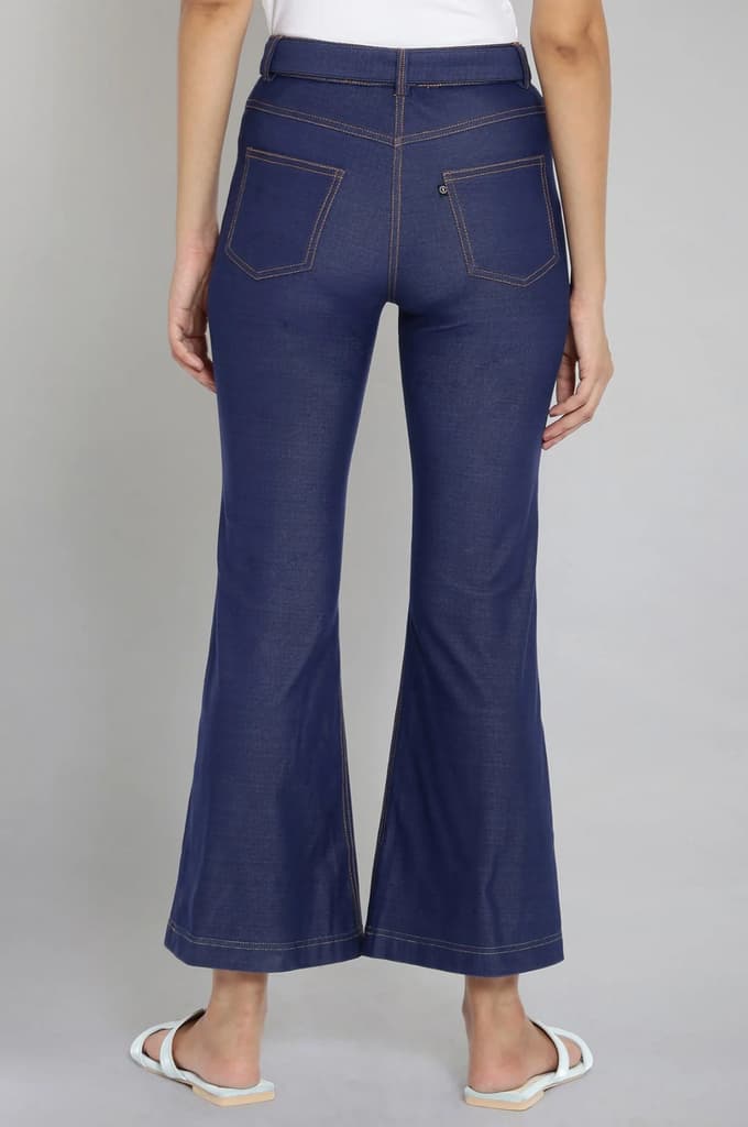 Navy Blue Solid Boot Cut Denim Pants With Waist Belt — photo 2