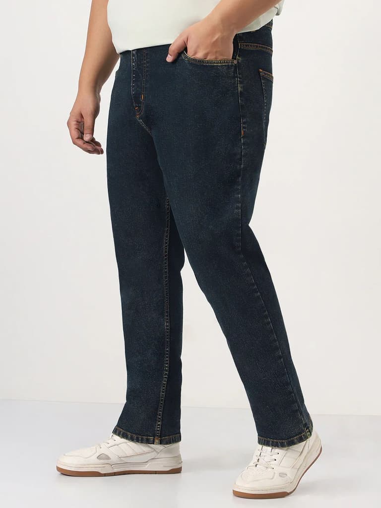 Plus Men's Dark Blue Straight Fit Heavy Washed Jeans Stretchable — photo 2
