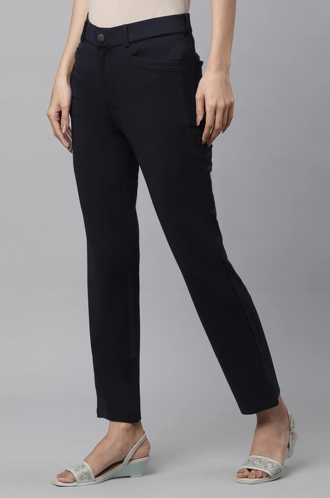 Navy Blue Solid Slim Fit Trousers With Elasticated Waist — photo 2