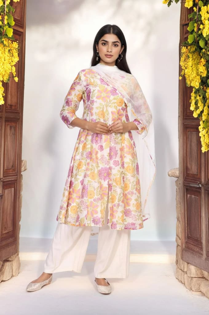Off-White Floral Printed A-Line Kurta with Parallel Pant and Dupatta Set — XS