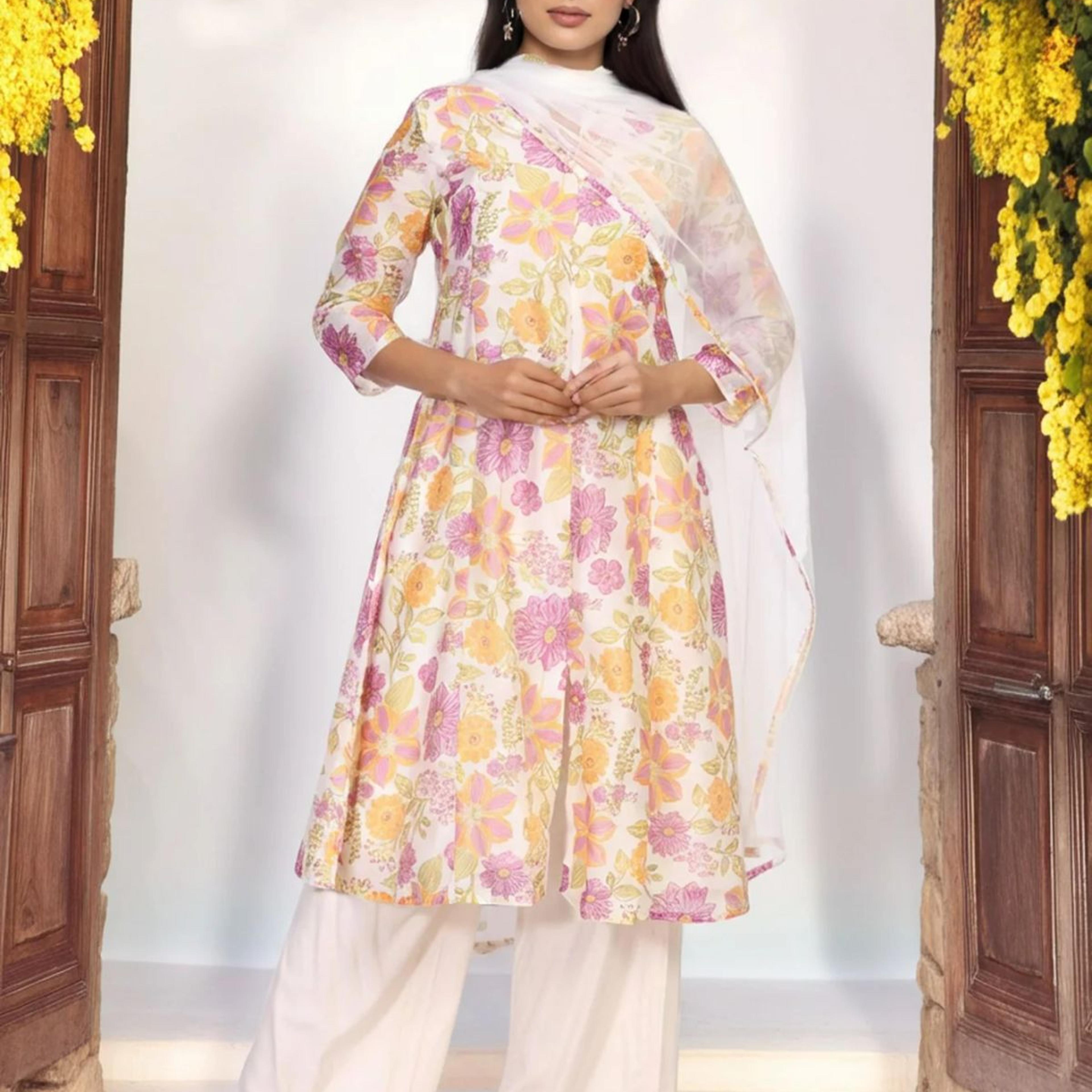 Off-White Floral Printed A-Line Kurta with Parallel Pant and Dupatta Set