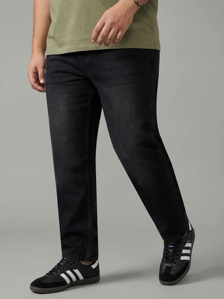 Plus Men's Black Relaxed Fit Washed Denim Jeans Non-Stretchable — photo 2