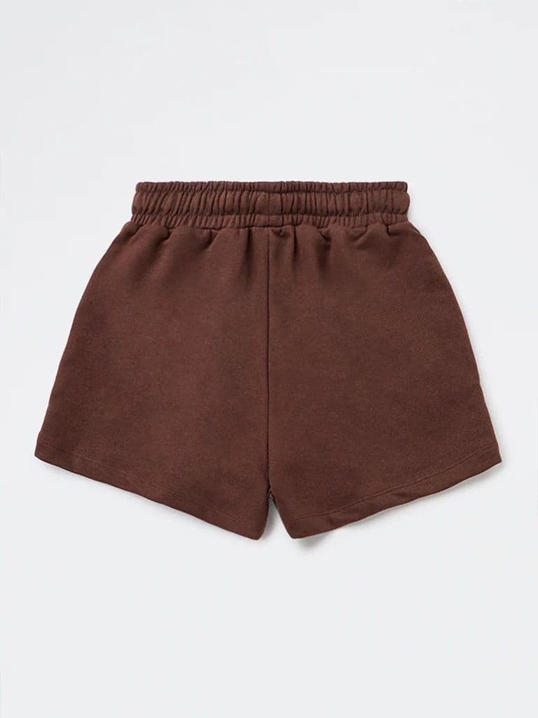 Y&F Kids Girls Brown Solid High-Rise Cotton-Blend Shorts — photo 2