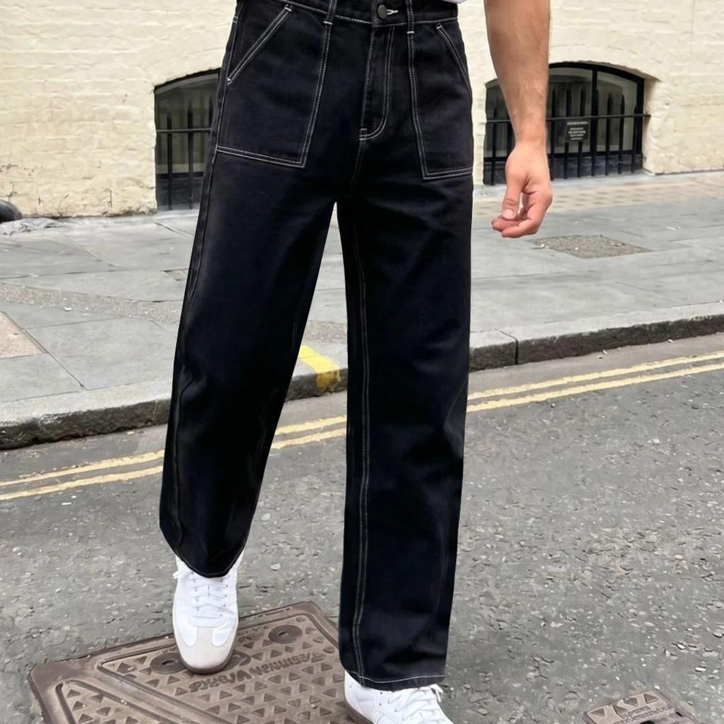 Men's Black Loose Baggy Fit Washed Denim Jeans Non-Stretchable