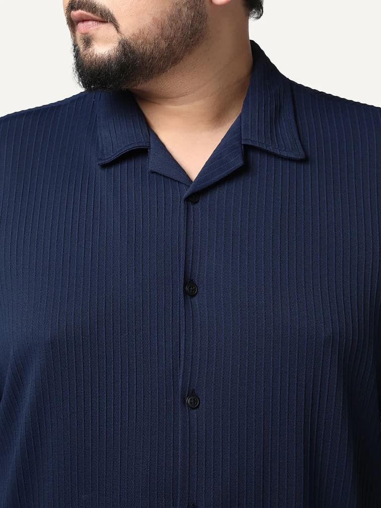 Plus Men's Navy Cotton Half Sleeve Oversized Fit Textured Shirt with Cuban Collar — photo 5