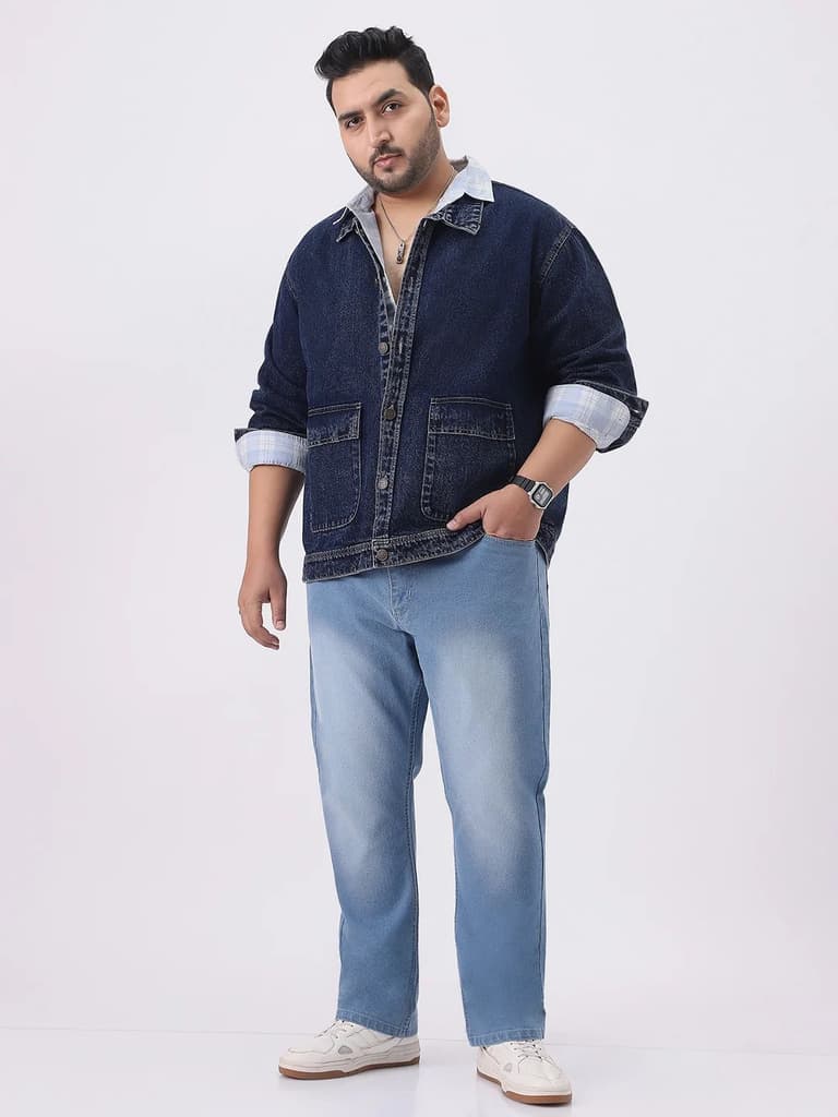 Plus Men's Dark Blue Relaxed Fit Full Sleeve Utility Denim Jacket — photo 5