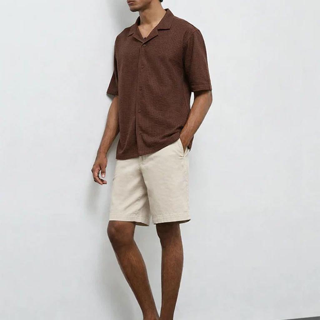 WES Casuals Light Beige Relaxed-Fit Mid-Rise Cotton-Blend Carpenter Shorts