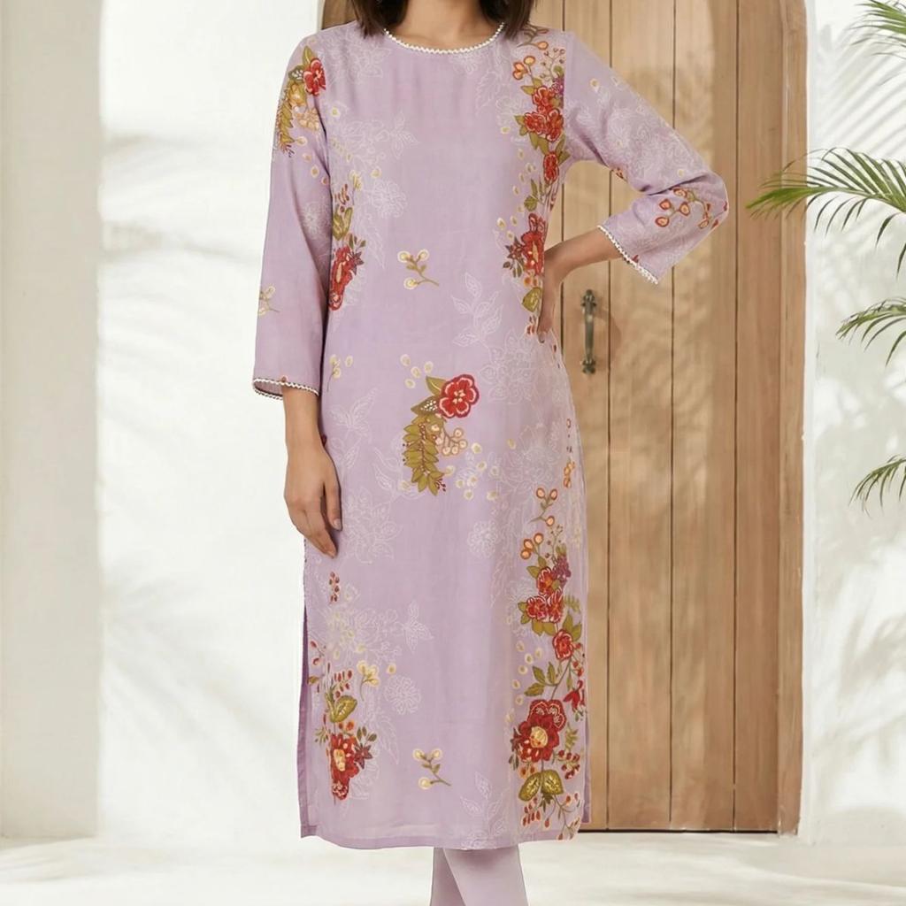 Lavender Floral Printed Lace Straight Kurta