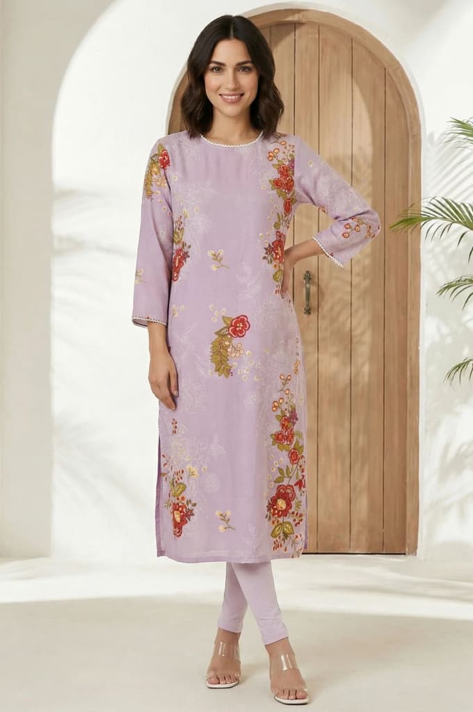 Lavender Floral Printed Lace Straight Kurta