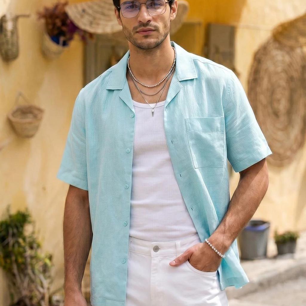 Men's Sky Blue Linen Half Sleeve Oversized Fit Shirt with Cuban Collar
