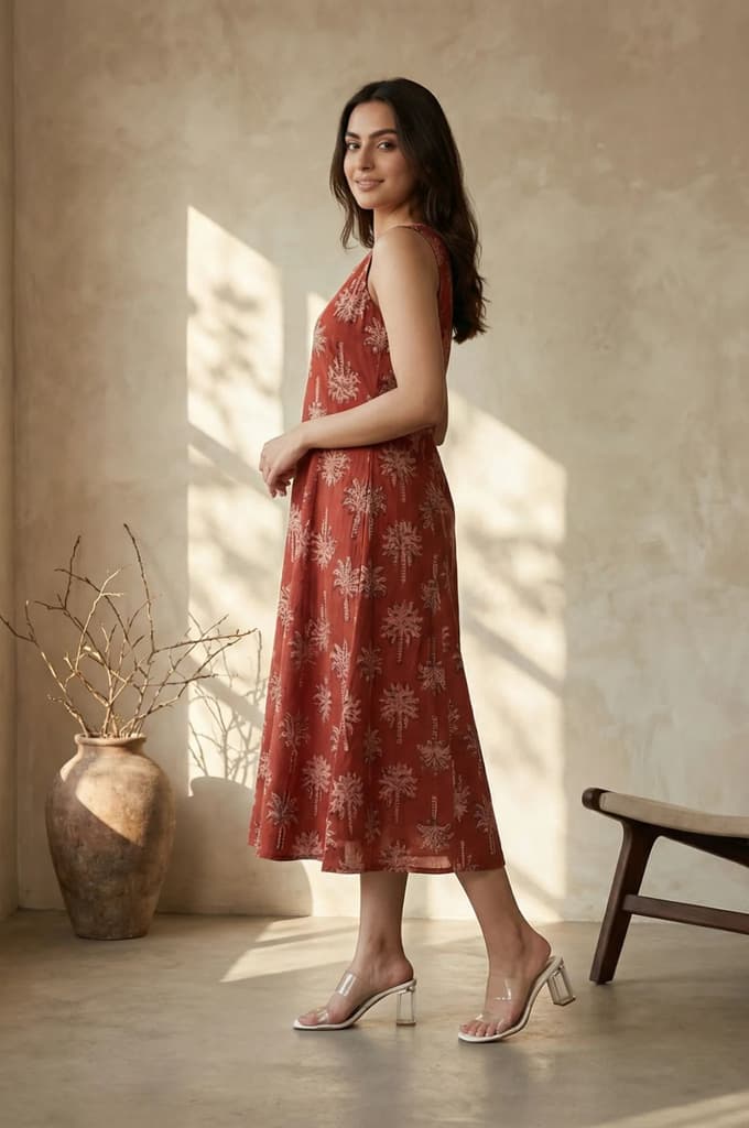 Red Floral Printed Pure Cotton A-line Dress — photo 3