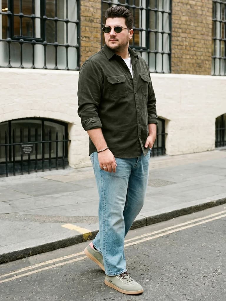 Plus Men's Dark Olive Corduroy Full Sleeve Regular Fit Solid Overshirt with Utility Pockets — photo 4