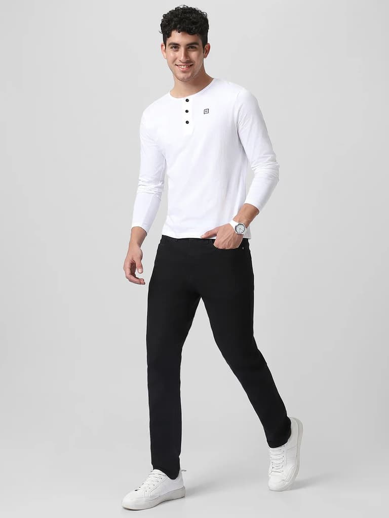 Men's White Solid Henley Neck Slim Fit Cotton T-Shirt — photo 4
