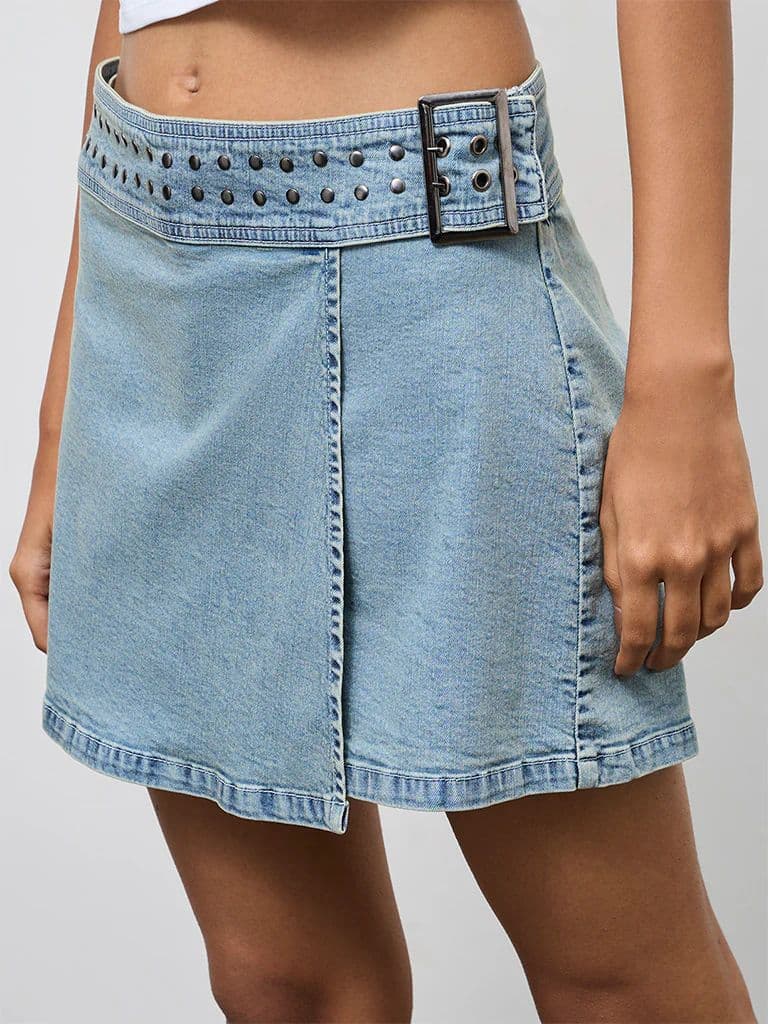 Nuon Light Blue Stud Detailed High-Rise Denim Skorts — photo 3