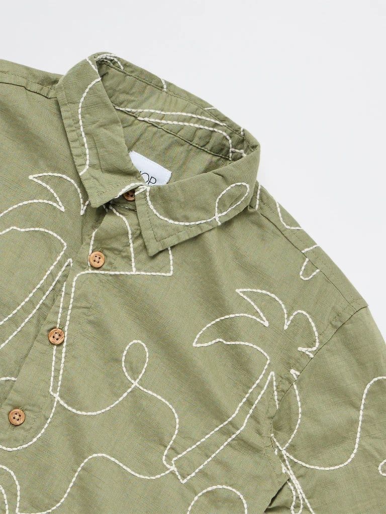 HOP Kids Boys Olive Embroidered Cotton Shirt — photo 5