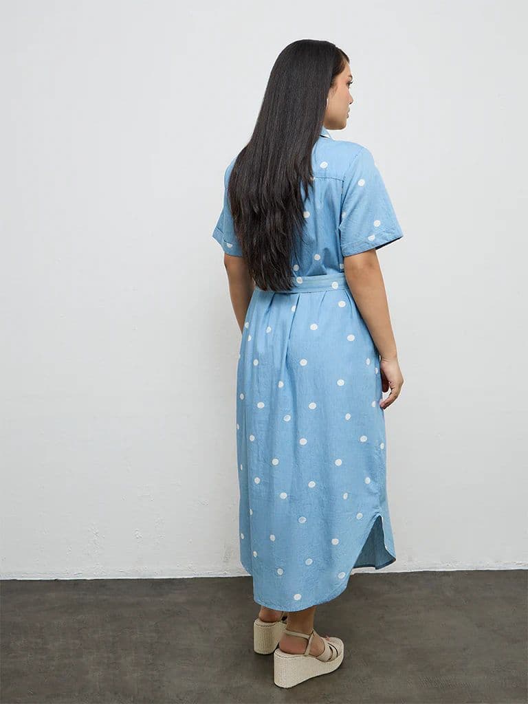 Gia Blue Polka Dotted Cotton Shirt Dress with Belt — photo 4