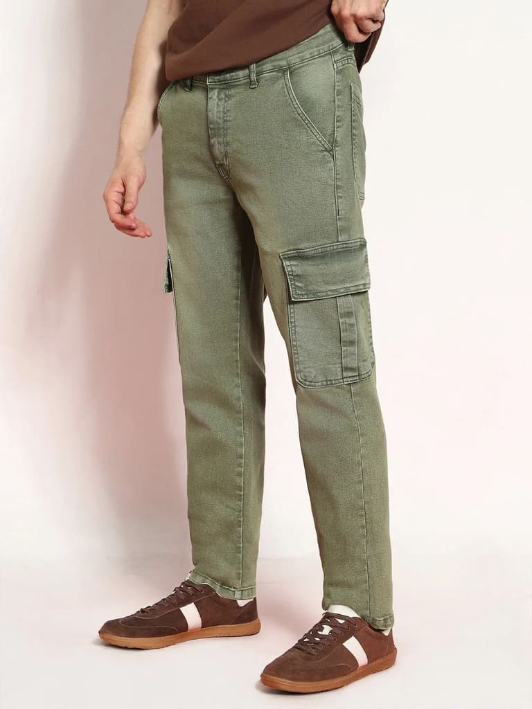 Men's Olive Green Regular Fit Washed Cargo Jeans With 6 Pockets Stretchable — photo 2