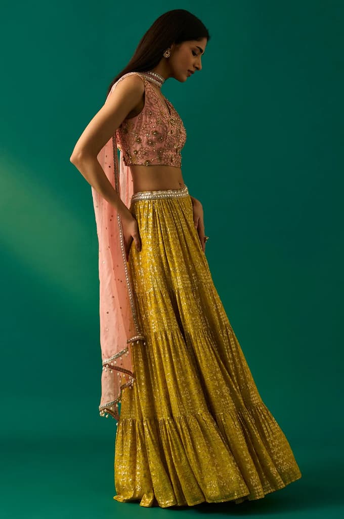 Pink Embroidered Straight Cut Blouse with Skirt and Dupatta Set — photo 5