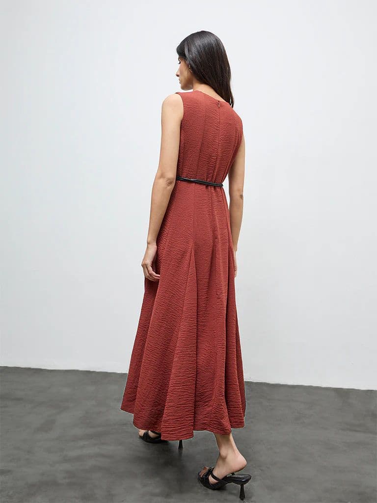 Wardrobe Dark Rust Crinkle-Textured A-Line Dress with Belt — photo 4