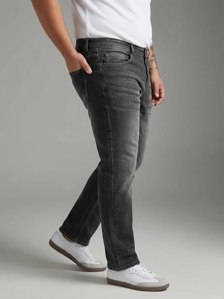 Plus Men's Grey Relaxed Fit Washed Denim Jeans Non-Stretchable — photo 2