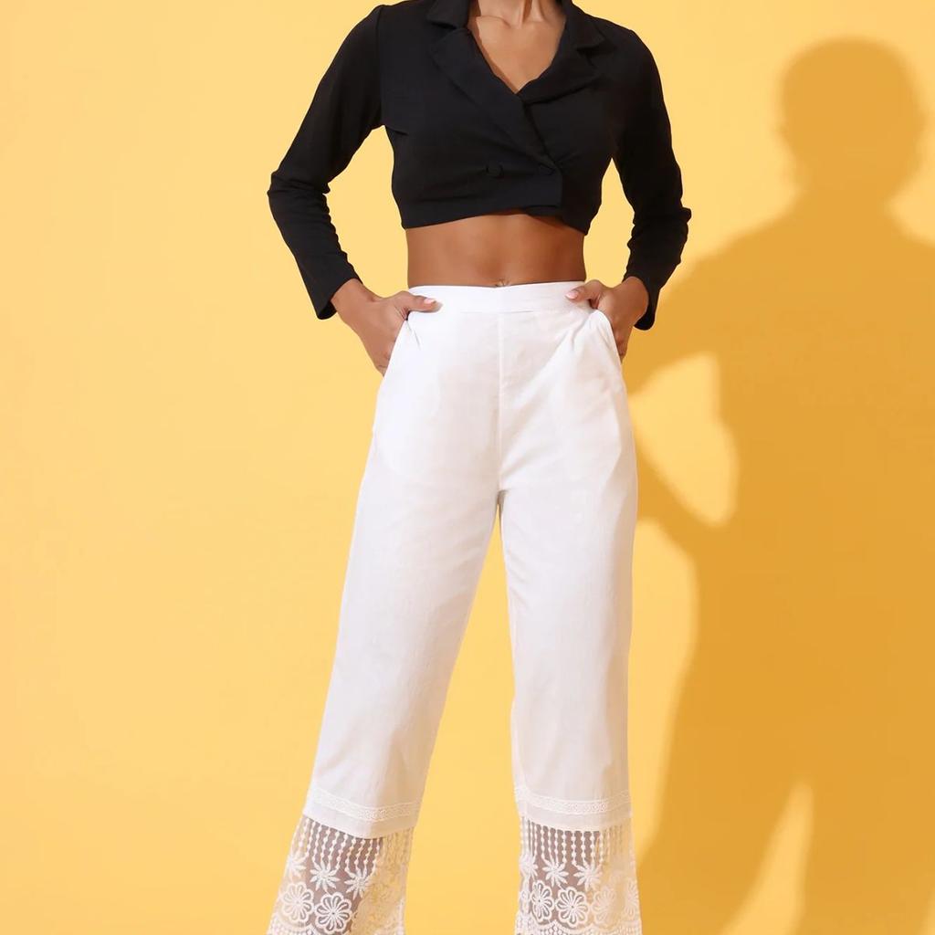 White Solid Pure Cotton Schiffli Embroidered Palazzo Pants