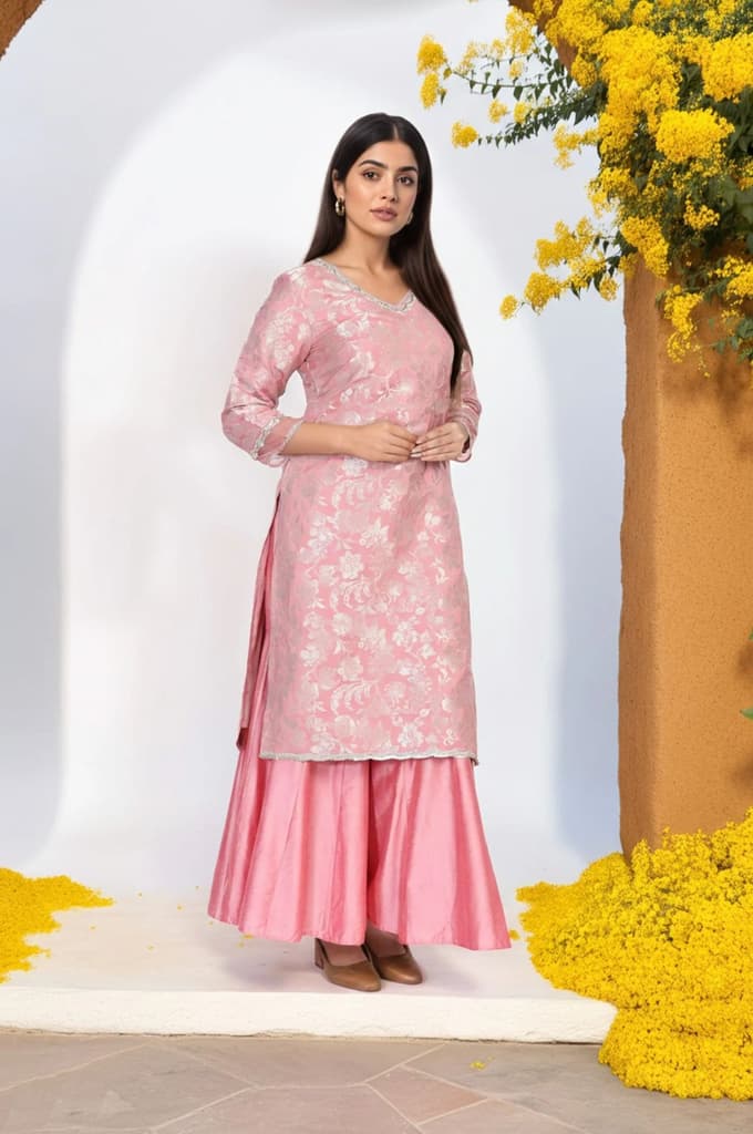 Pink Zari Jacquard Straight Kurta with Sharara and Dupatta Set — photo 5