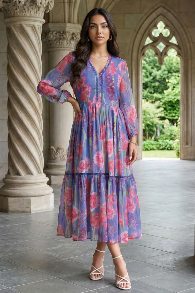 Blue Floral Printed Chiffon Flared Dress — photo 3