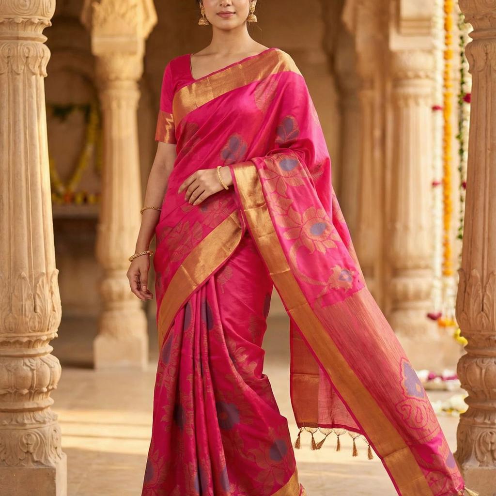 MIMOSA Women's Woven Design Mysore Silk Style Crepe Saree with Blouse Piece - Rani ( SA00003135RNFREE )