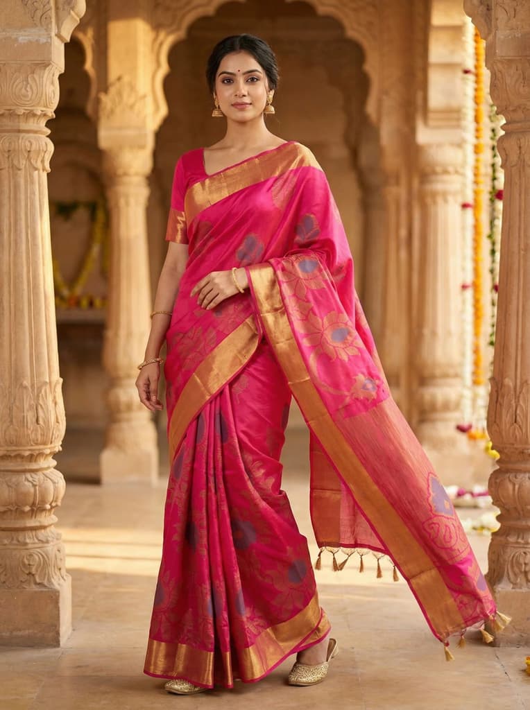 MIMOSA Women's Woven Design Mysore Silk Style Crepe Saree with Blouse Piece - Rani ( SA00003135RNFREE ) — Default Title
