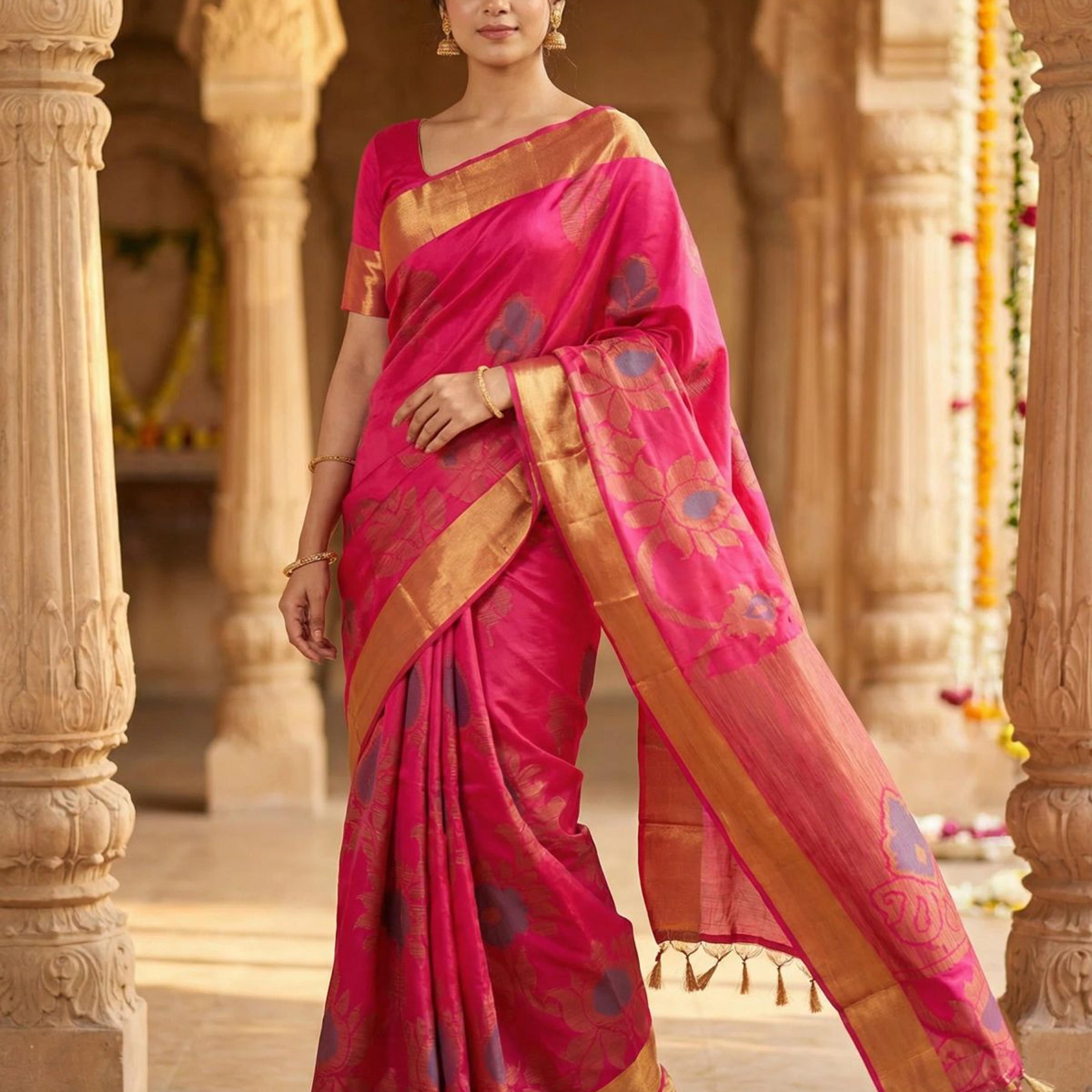 MIMOSA Women's Woven Design Mysore Silk Style Crepe Saree with Blouse Piece - Rani ( SA00003135RNFREE )
