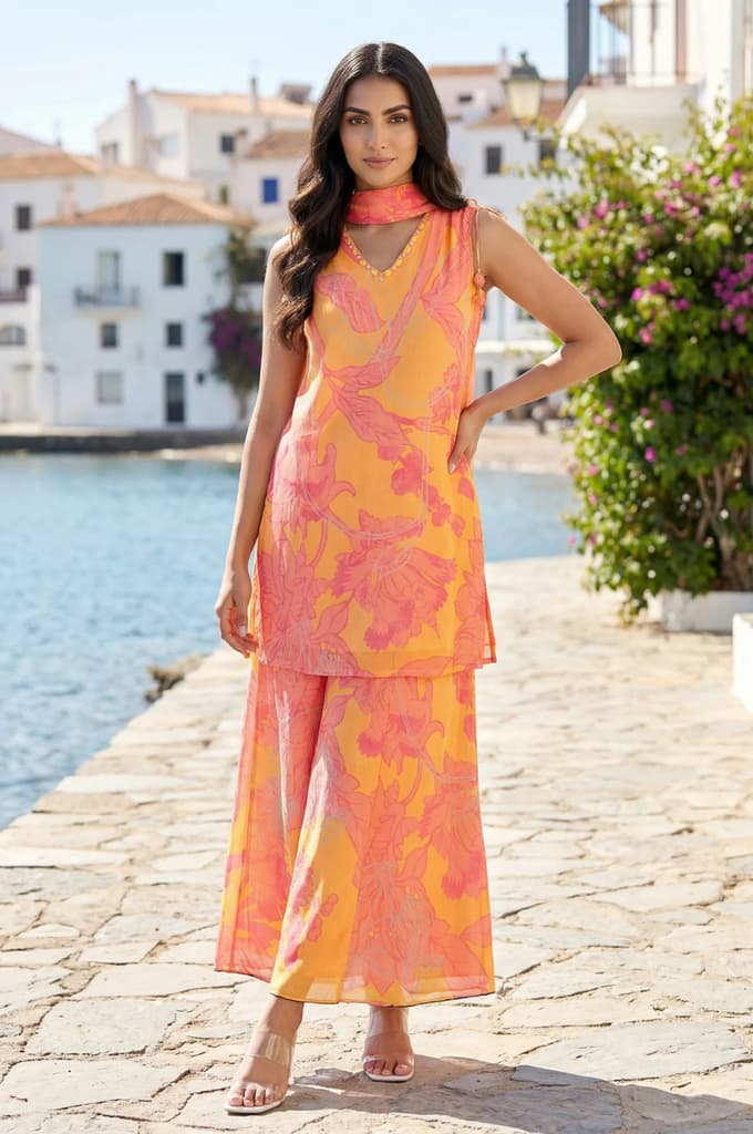 Yellow Floral Printed Tassels Straight Kurta with Flared Pants and Dupatta Set — photo 3